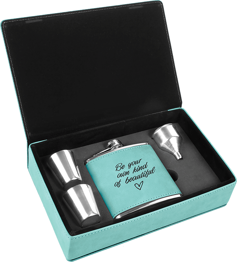 6 oz. Laserable Leatherette Flask Gift Set - Teal