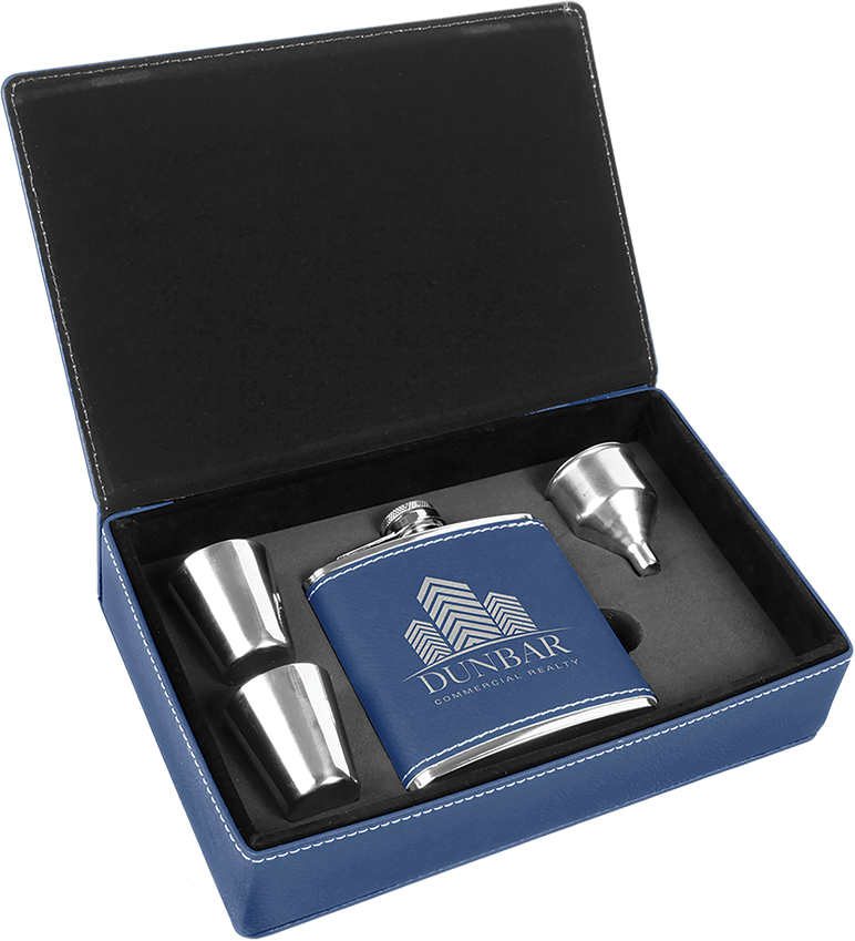 6 oz. Laserable Leatherette Flask Gift Set -  Blue/Silver