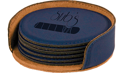 Blue Round Leatherette 6-Coaster Set