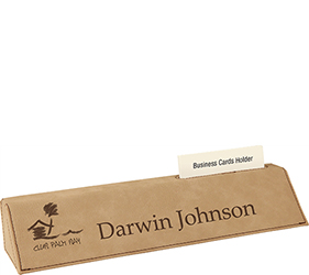 Light Brown Leatherette Desk Wedge Nameplate with Business Card Holder