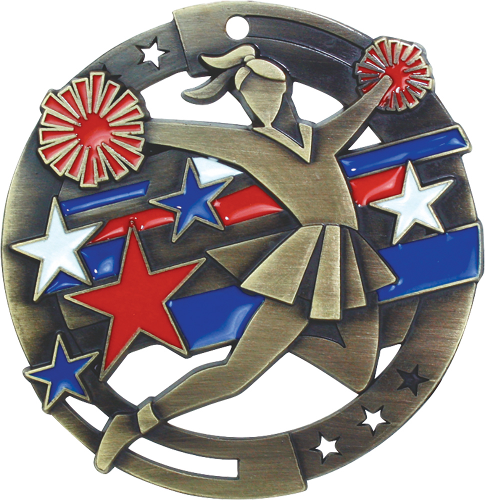 2.75 Cheerleading Medal with 32 Red White & Blue Ribbon On Top Awards