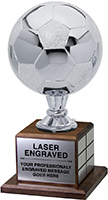 Full Size Silver Finish Soccer Ball Trophy on Genuine Walnut Base