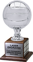Full Size Silver Finish Volleyball Trophy on Genuine Walnut Base