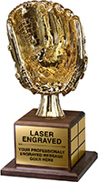 Full Size Gold Baseball Glove Trophy on Genuine Walnut Base